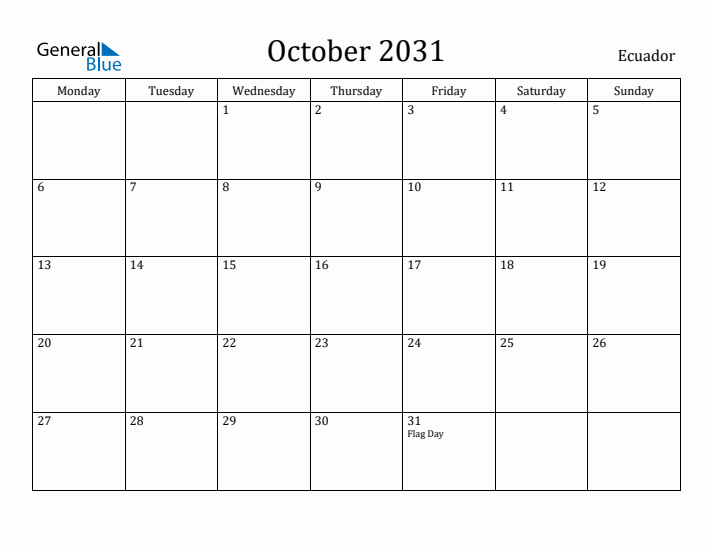 October 2031 Calendar Ecuador