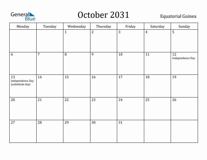 October 2031 Calendar Equatorial Guinea