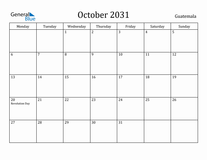 October 2031 Calendar Guatemala