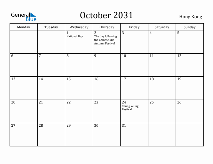 October 2031 Calendar Hong Kong