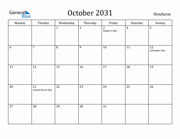 October 2031 Calendar Honduras