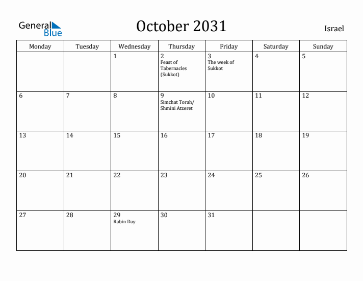 October 2031 Calendar Israel