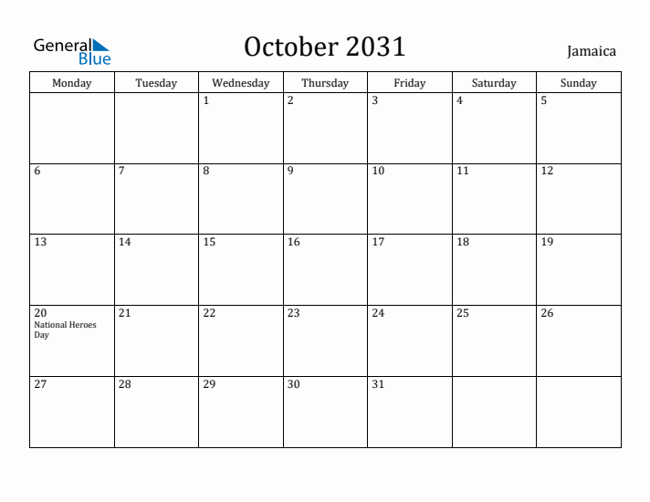 October 2031 Calendar Jamaica