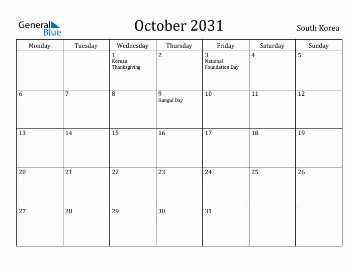October 2031 Calendar South Korea