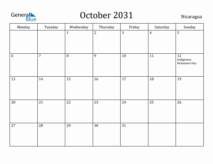 October 2031 Calendar Nicaragua