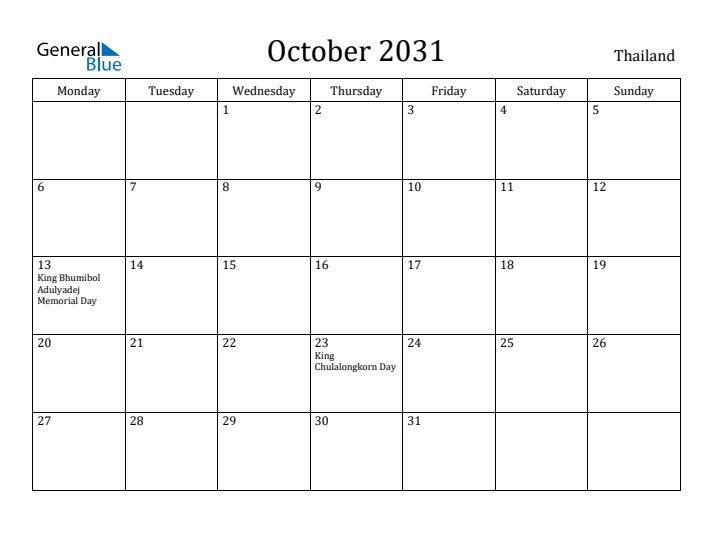 October 2031 Calendar Thailand