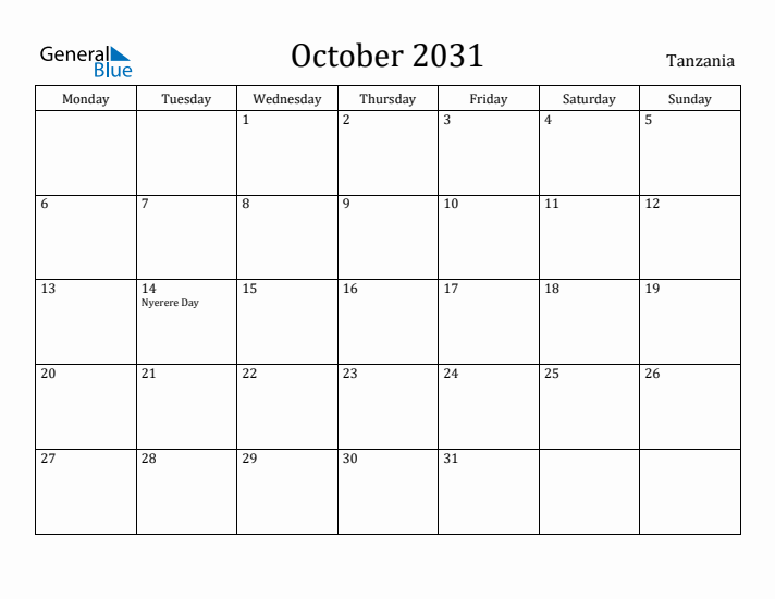 October 2031 Calendar Tanzania