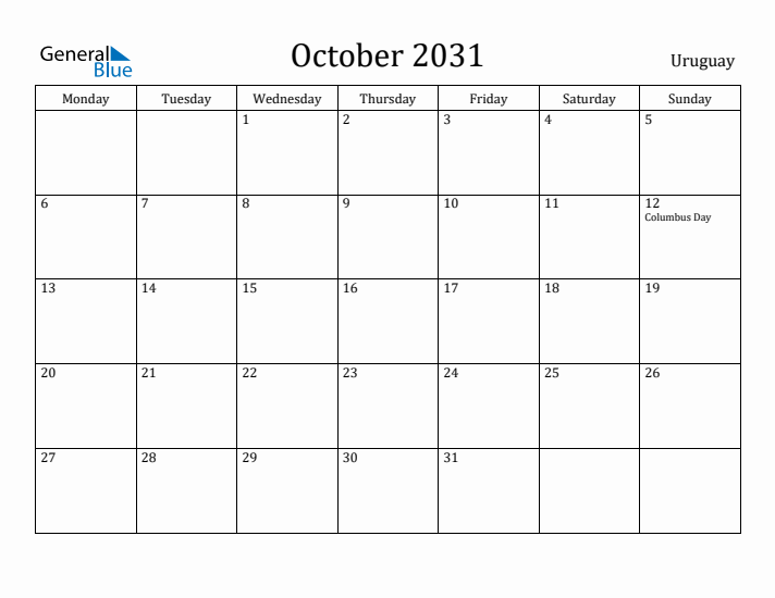 October 2031 Calendar Uruguay