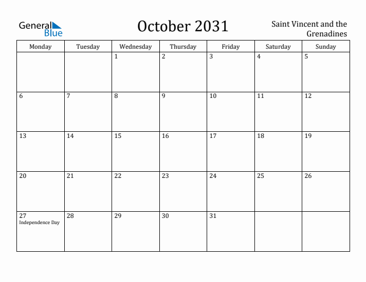 October 2031 Calendar Saint Vincent and the Grenadines