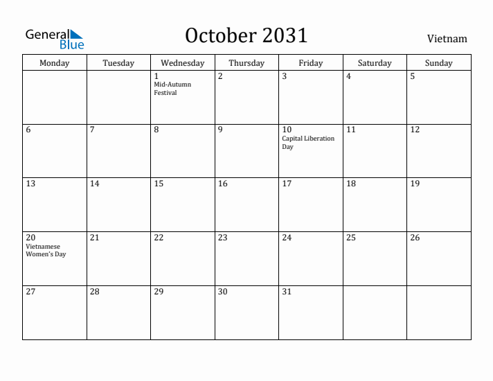 October 2031 Calendar Vietnam