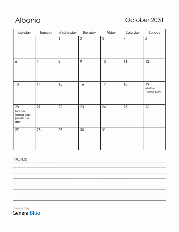 October 2031 Albania Calendar with Holidays (Monday Start)