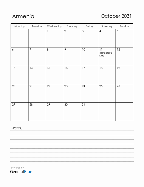 October 2031 Armenia Calendar with Holidays (Monday Start)