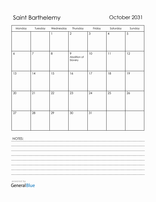 October 2031 Saint Barthelemy Calendar with Holidays (Monday Start)