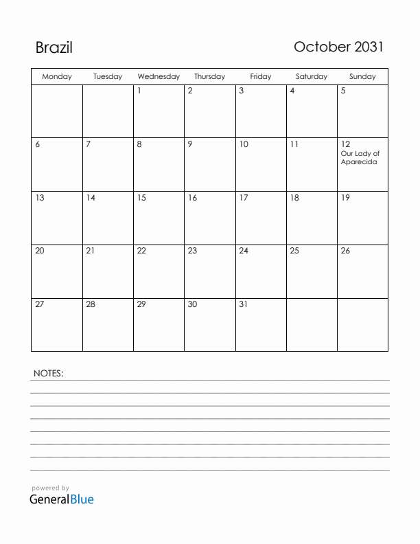 October 2031 Brazil Calendar with Holidays (Monday Start)