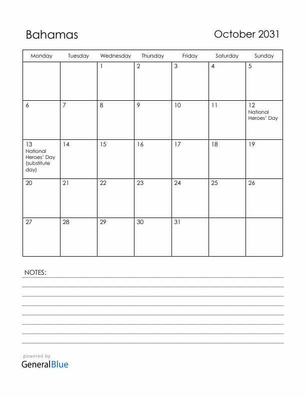 October 2031 Bahamas Calendar with Holidays (Monday Start)