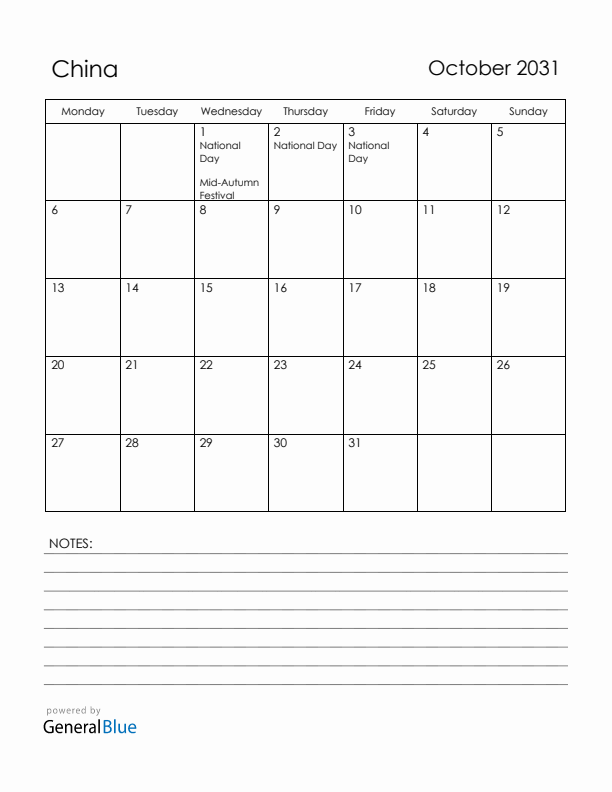 October 2031 China Calendar with Holidays (Monday Start)