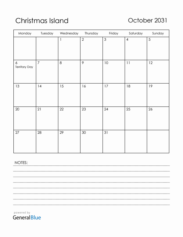 October 2031 Christmas Island Calendar with Holidays (Monday Start)