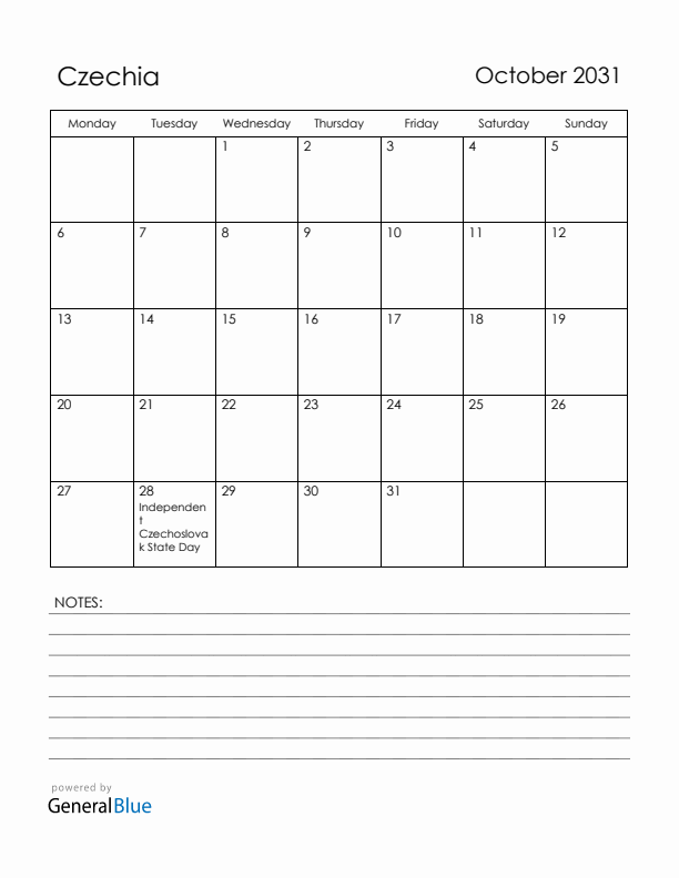 October 2031 Czechia Calendar with Holidays (Monday Start)