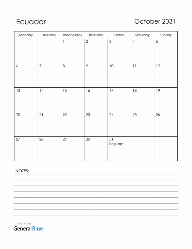 October 2031 Ecuador Calendar with Holidays (Monday Start)