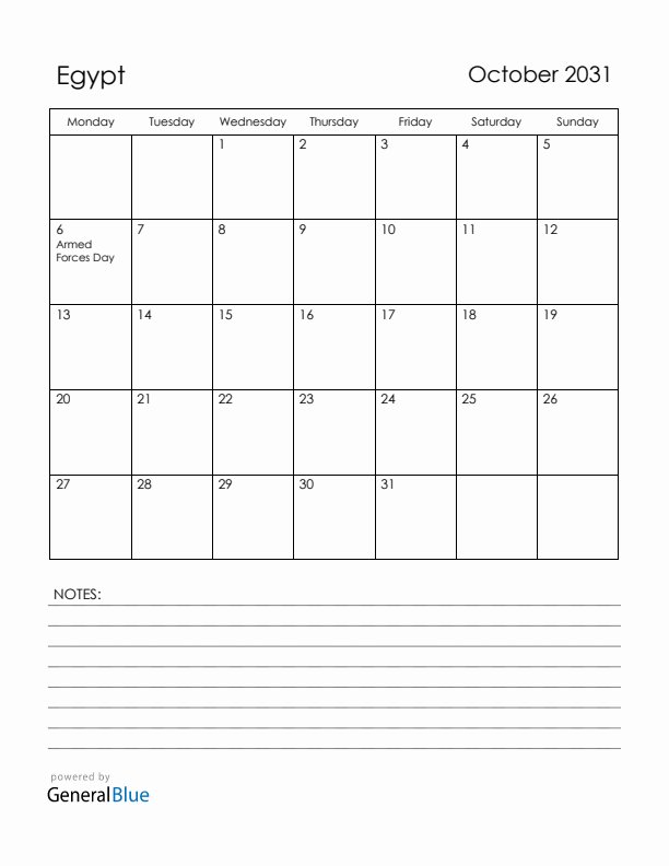 October 2031 Egypt Calendar with Holidays (Monday Start)