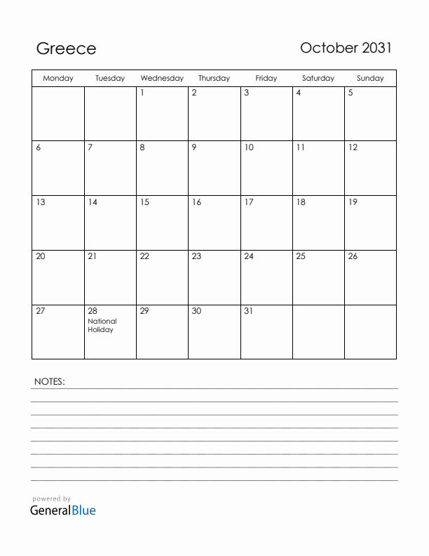 October 2031 Greece Calendar with Holidays (Monday Start)