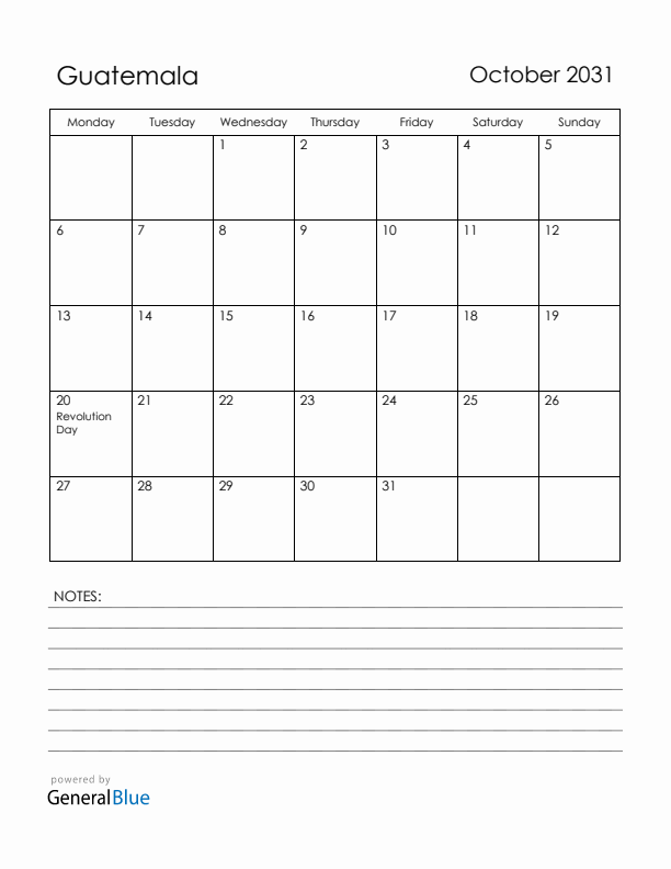 October 2031 Guatemala Calendar with Holidays (Monday Start)