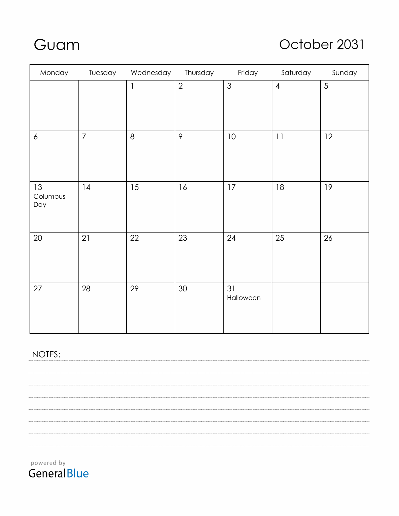 October 2031 Guam Calendar with Holidays (Monday Start)