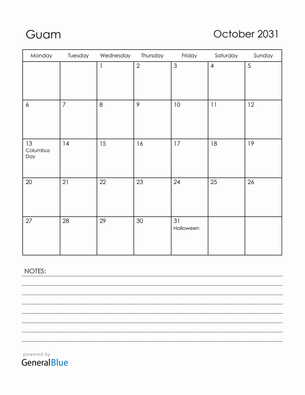 October 2031 Guam Calendar with Holidays (Monday Start)