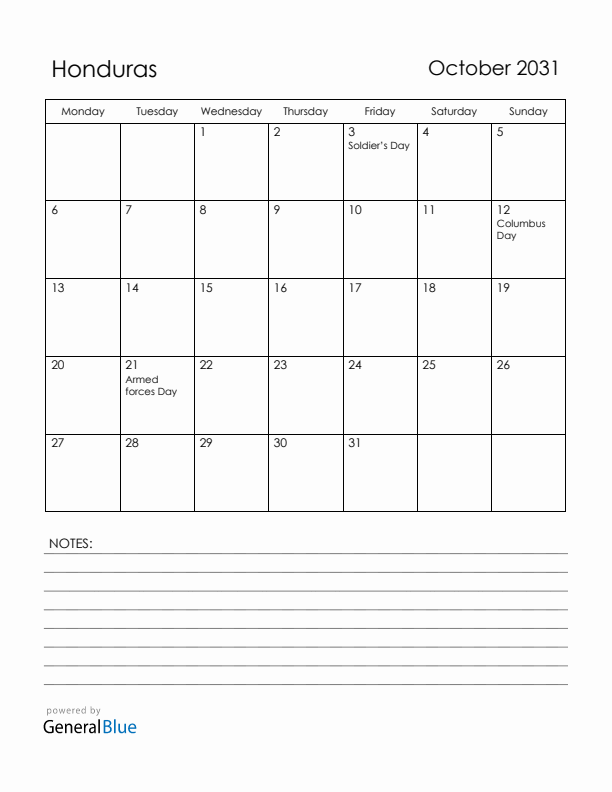 October 2031 Honduras Calendar with Holidays (Monday Start)