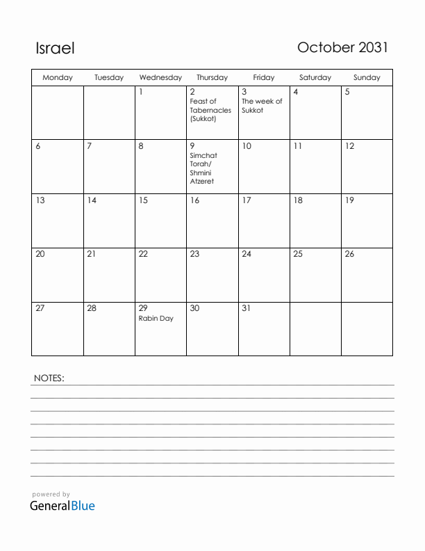 October 2031 Israel Calendar with Holidays (Monday Start)