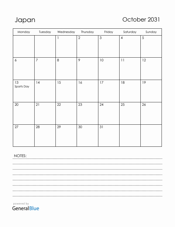 October 2031 Japan Calendar with Holidays (Monday Start)