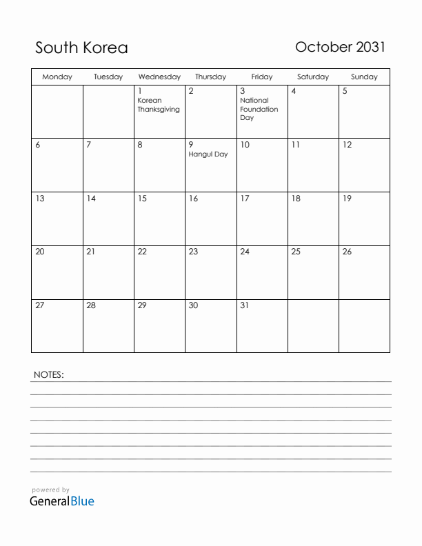 October 2031 South Korea Calendar with Holidays (Monday Start)