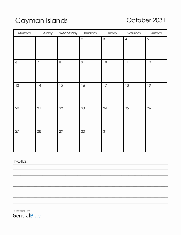 October 2031 Cayman Islands Calendar with Holidays (Monday Start)