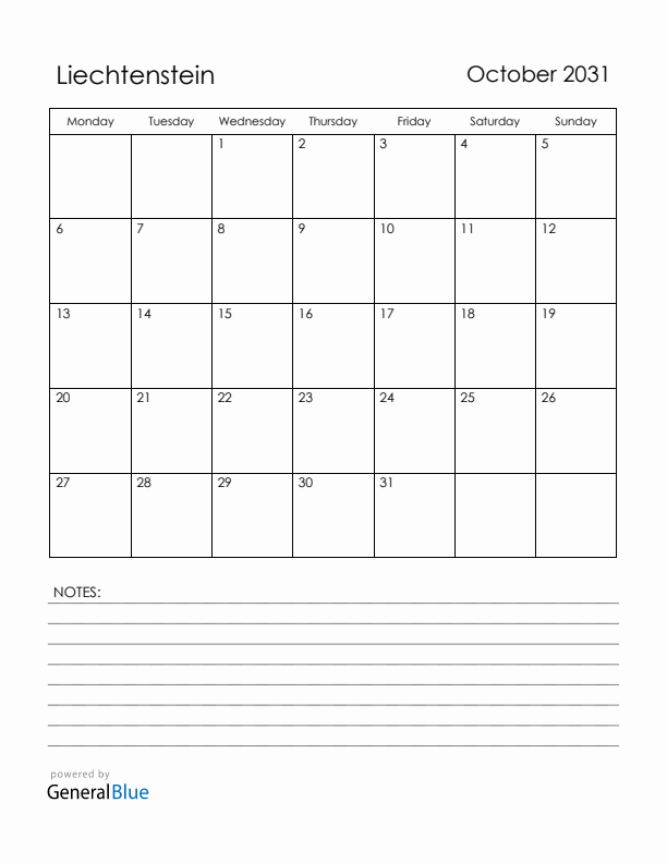 October 2031 Liechtenstein Calendar with Holidays (Monday Start)
