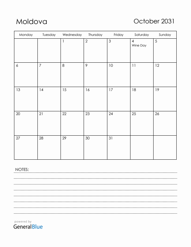 October 2031 Moldova Calendar with Holidays (Monday Start)
