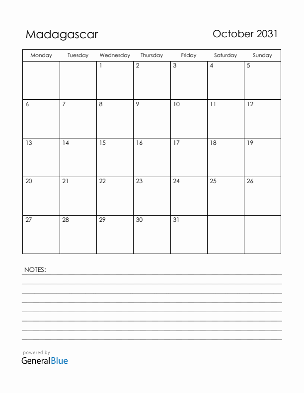 October 2031 Madagascar Calendar with Holidays (Monday Start)