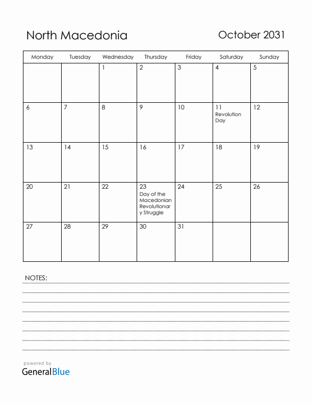 October 2031 North Macedonia Calendar with Holidays (Monday Start)
