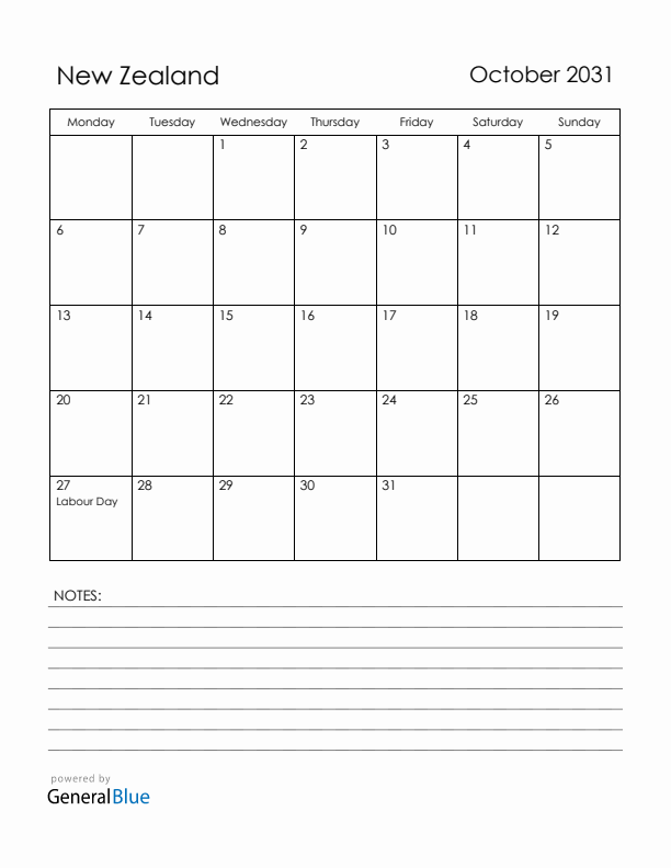 October 2031 New Zealand Calendar with Holidays (Monday Start)