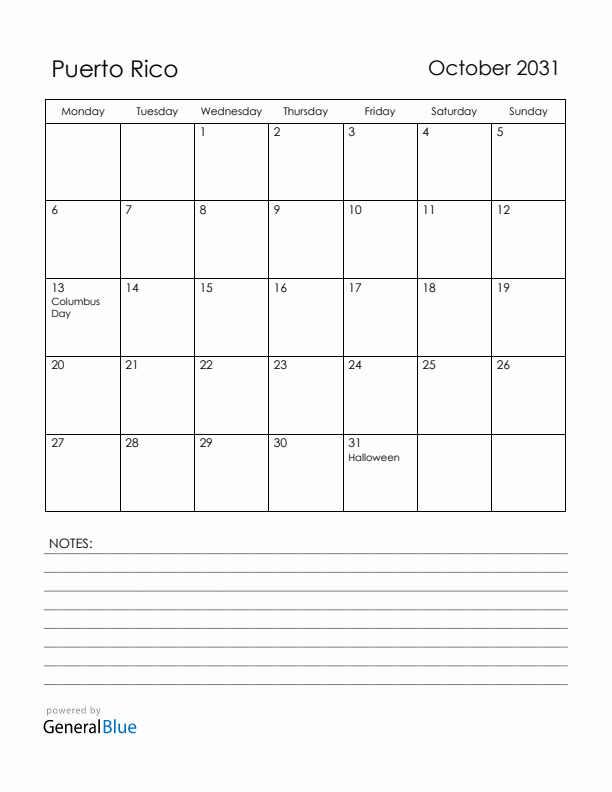 October 2031 Puerto Rico Calendar with Holidays (Monday Start)