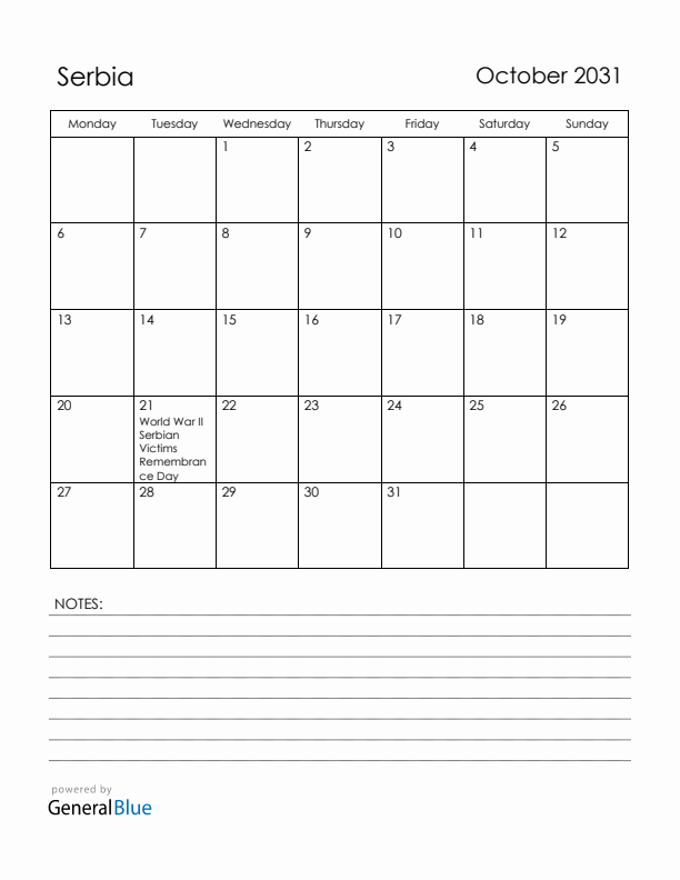 October 2031 Serbia Calendar with Holidays (Monday Start)
