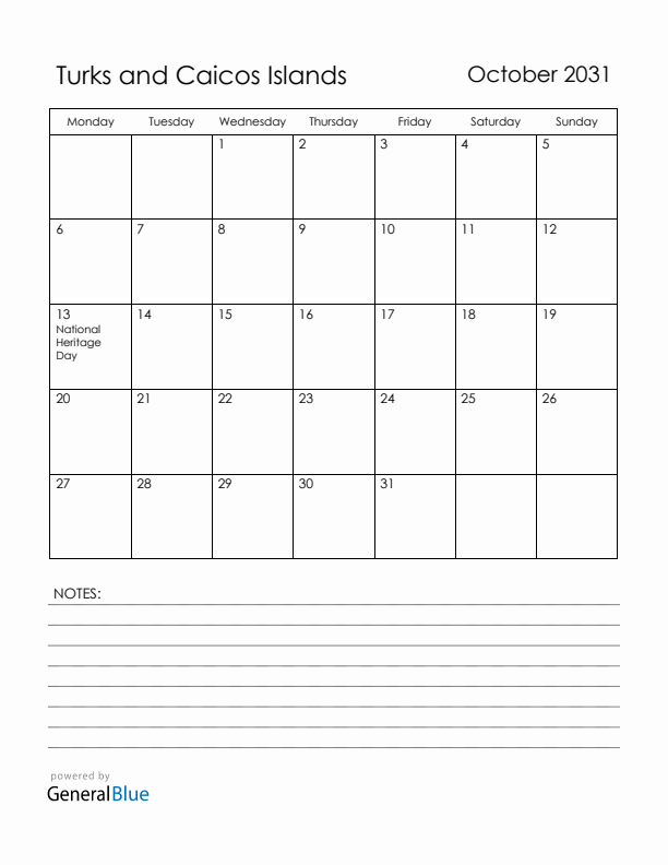 October 2031 Turks and Caicos Islands Calendar with Holidays (Monday Start)