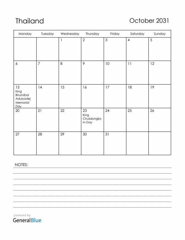 October 2031 Thailand Calendar with Holidays (Monday Start)