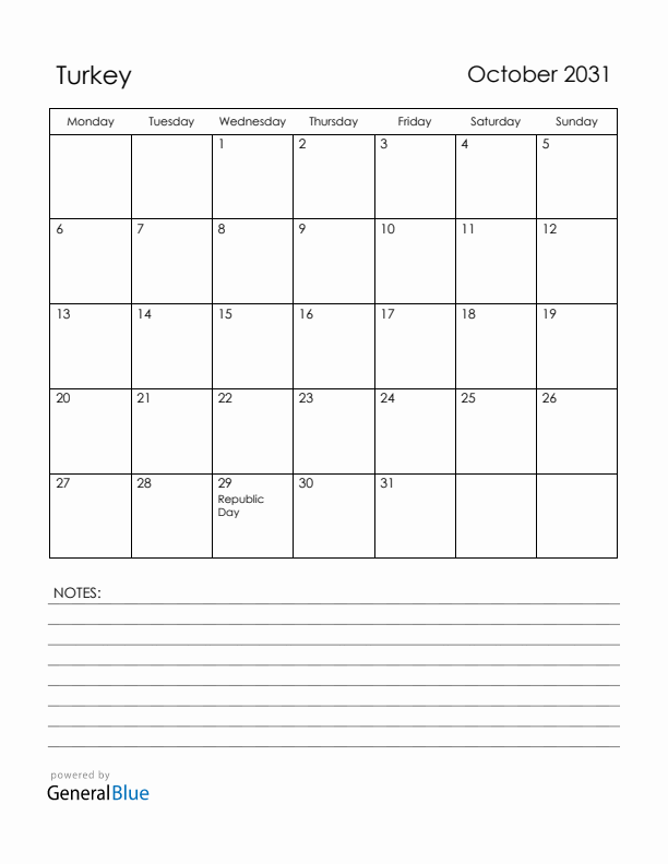 October 2031 Turkey Calendar with Holidays (Monday Start)