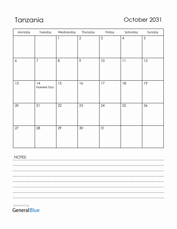 October 2031 Tanzania Calendar with Holidays (Monday Start)