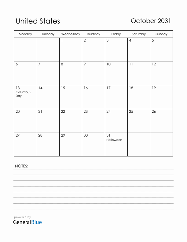 October 2031 United States Calendar with Holidays (Monday Start)