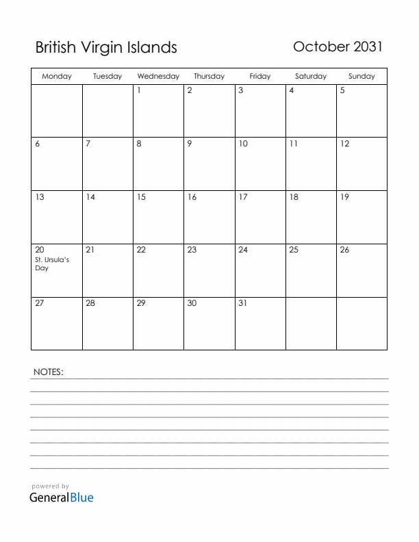 October 2031 British Virgin Islands Calendar with Holidays (Monday Start)