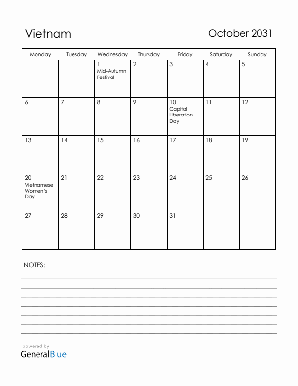 October 2031 Vietnam Calendar with Holidays (Monday Start)