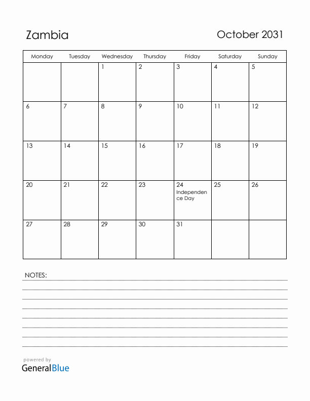 October 2031 Zambia Calendar with Holidays (Monday Start)
