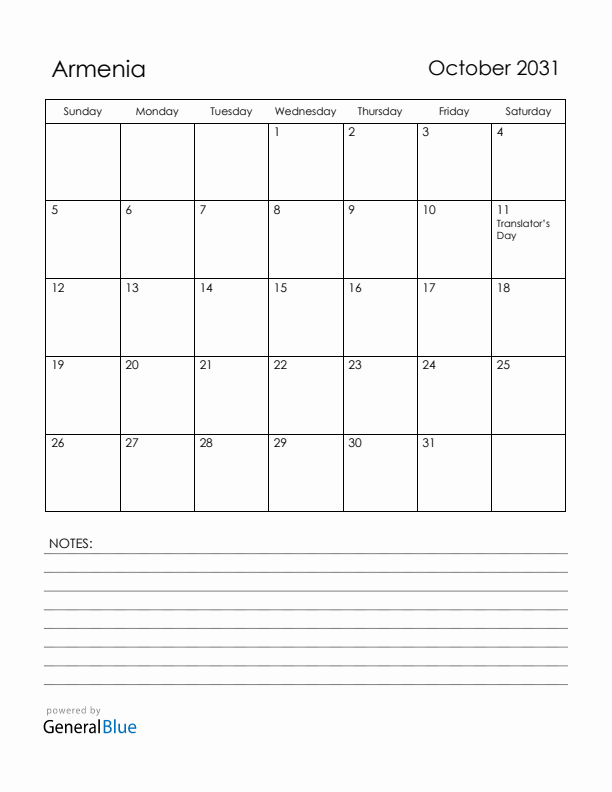 October 2031 Armenia Calendar with Holidays (Sunday Start)