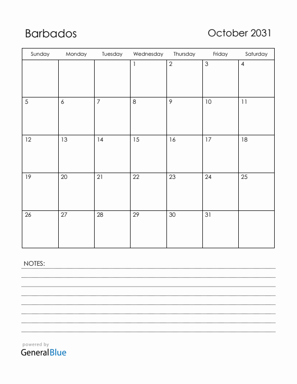 October 2031 Barbados Calendar with Holidays (Sunday Start)